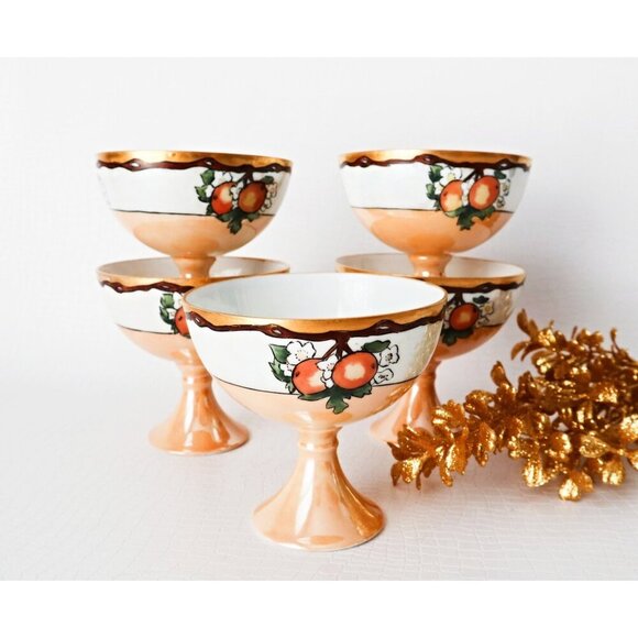 5 Porcelain Dessert Dish Footed Hand Painted Signed Sherbet - Picture 1 of 6